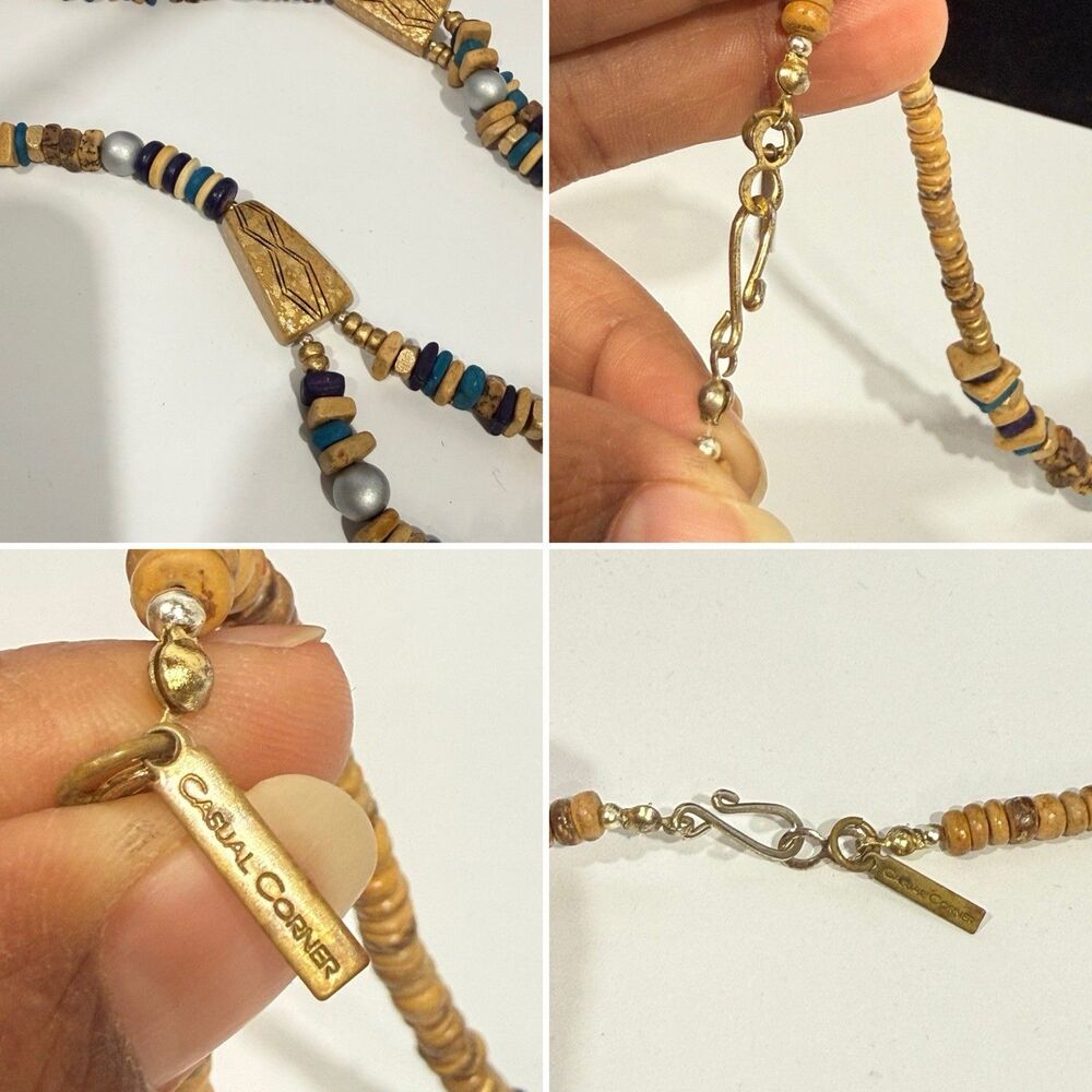 Vintage Casual Corner Double Strand Beaded Necklace Boho Wood Gold Tone Signed - Picture 10 of 16